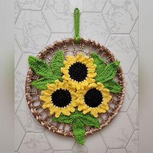 Sunflower wall hanging, Hand Croche wall hanging, Crochet hoop art, Mandala wall